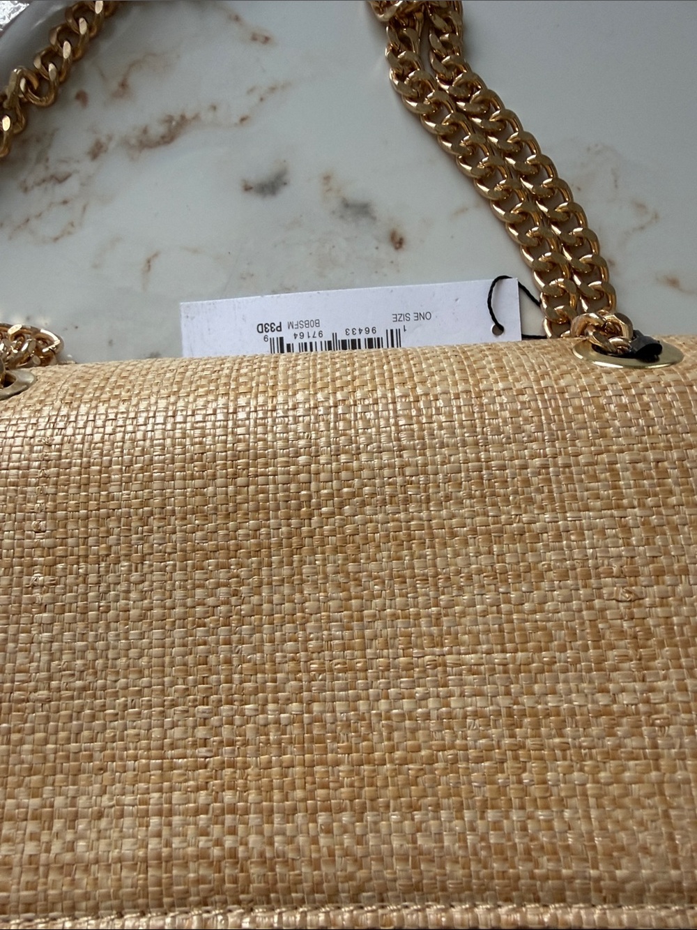 Woven Beige Crossbody Bag with Gold Chain Strap